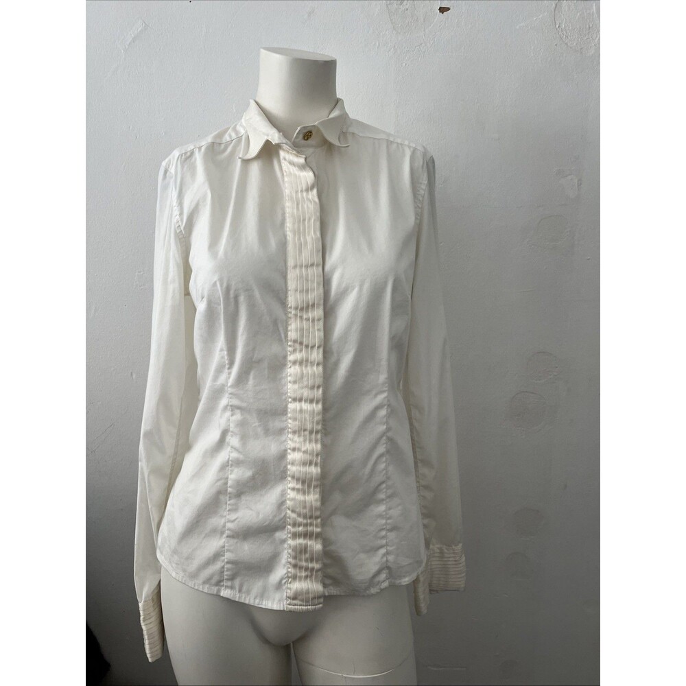 Womens White Silk Tuxedo Shirt Sz M Pleated  Preppy Academic Ivy League Scholar